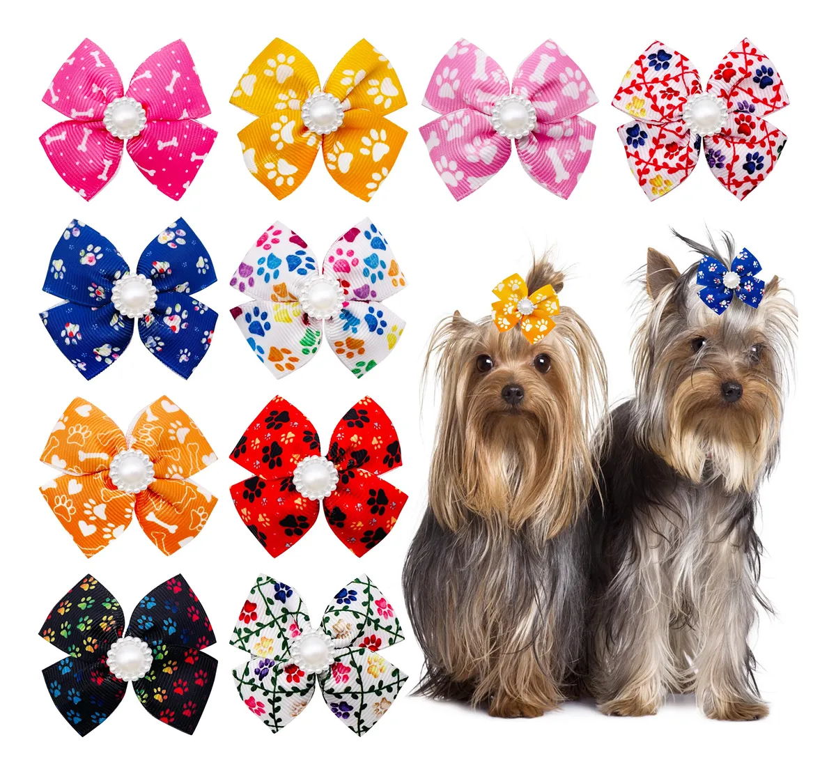 10 Lazos para Pelo de Perro con Pinzas Francesas: Estampado Divertido de Hueso y Pata - Accesorios perfectos para el cuidado y estilo de tu mascota