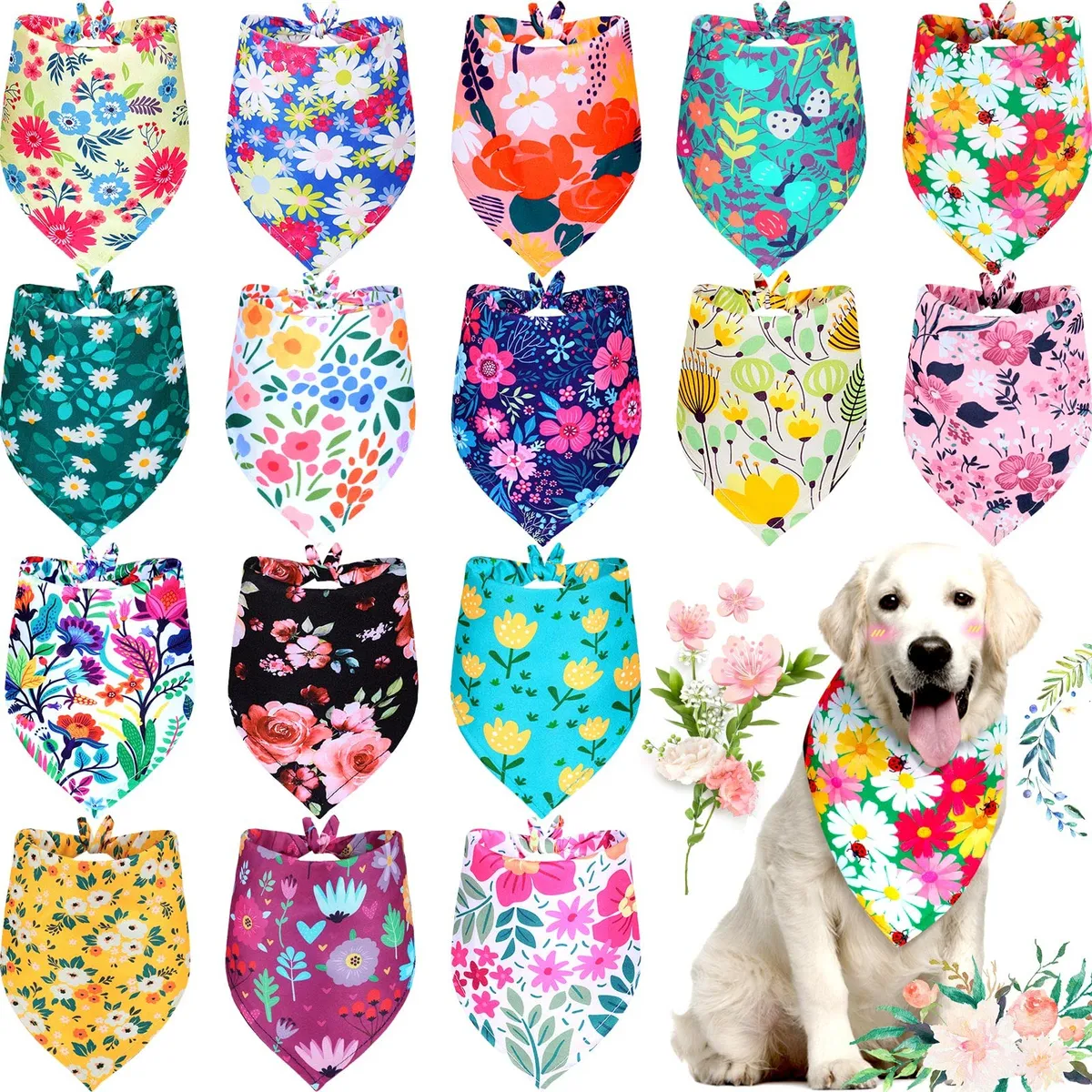 16 Pañuelos de Verano para Perros con Diseños Florales - Accesorios para Mascotas Estilo Veraniego - Perfectos para Paseos y Fiestas Caninas