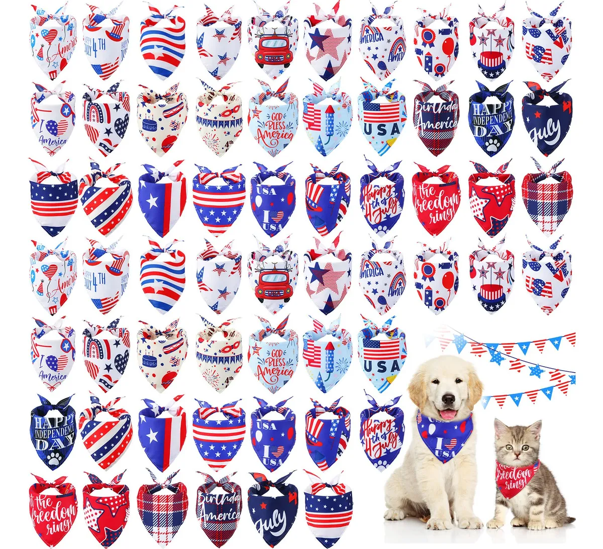 Bandanas Patrióticas para Perros del 4 de Julio - Estilo Bandera Americana para Mascotas - Accesorios Festivos para Celebraciones - Ideal para Raza Pequeña, Mediana y Grande - Rojo, Blanco y Azul