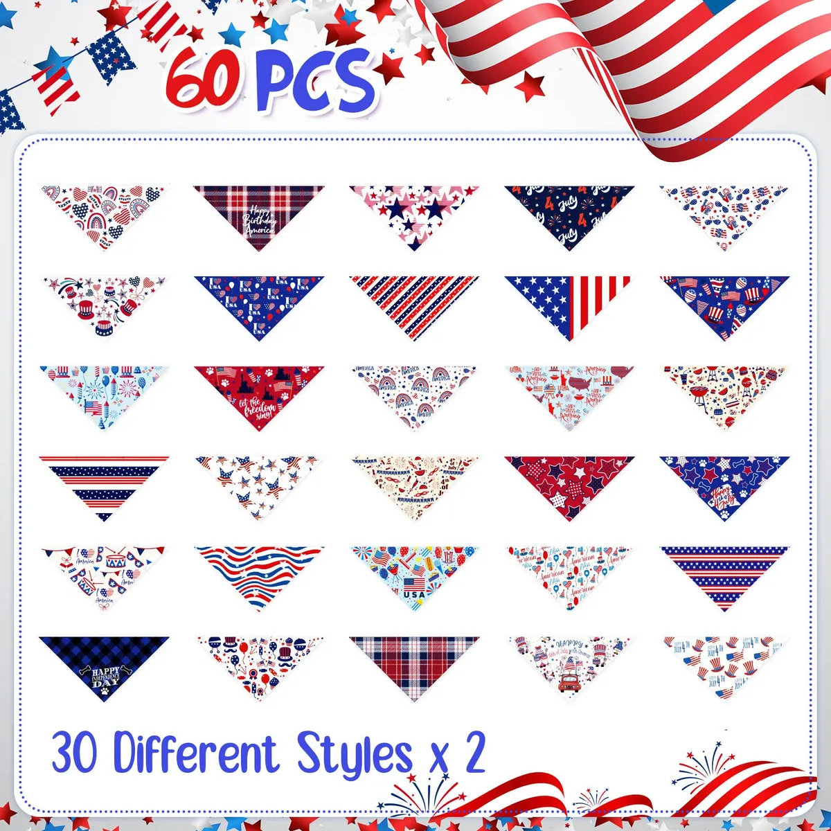 Bandanas Patrióticas para Perros del 4 de Julio - Estilo Bandera Americana para Mascotas - Accesorios Festivos para Celebraciones - Ideal para Raza Pequeña, Mediana y Grande - Rojo, Blanco y Azul - Imagen 2