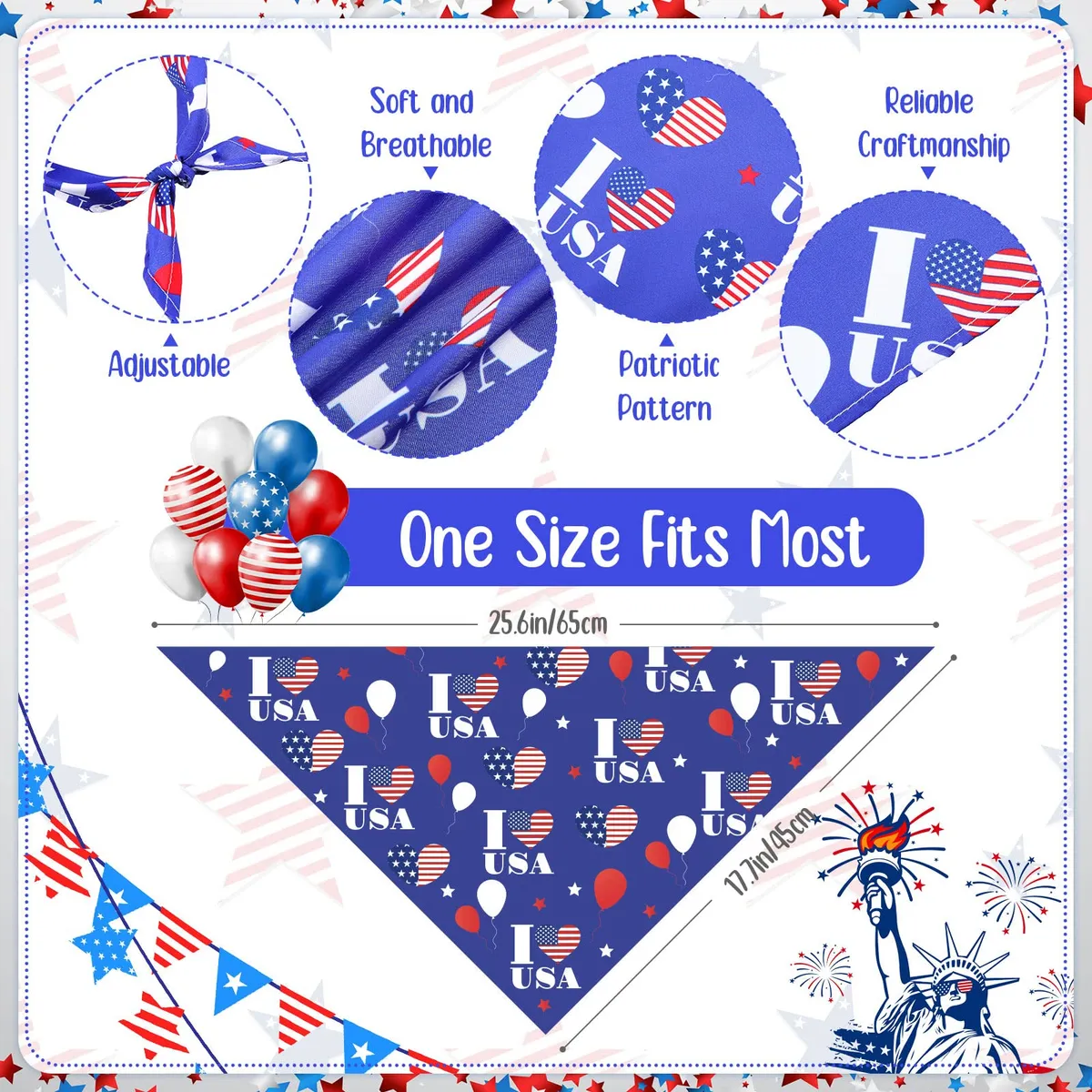 Bandanas Patrióticas para Perros del 4 de Julio - Estilo Bandera Americana para Mascotas - Accesorios Festivos para Celebraciones - Ideal para Raza Pequeña, Mediana y Grande - Rojo, Blanco y Azul - Imagen 4