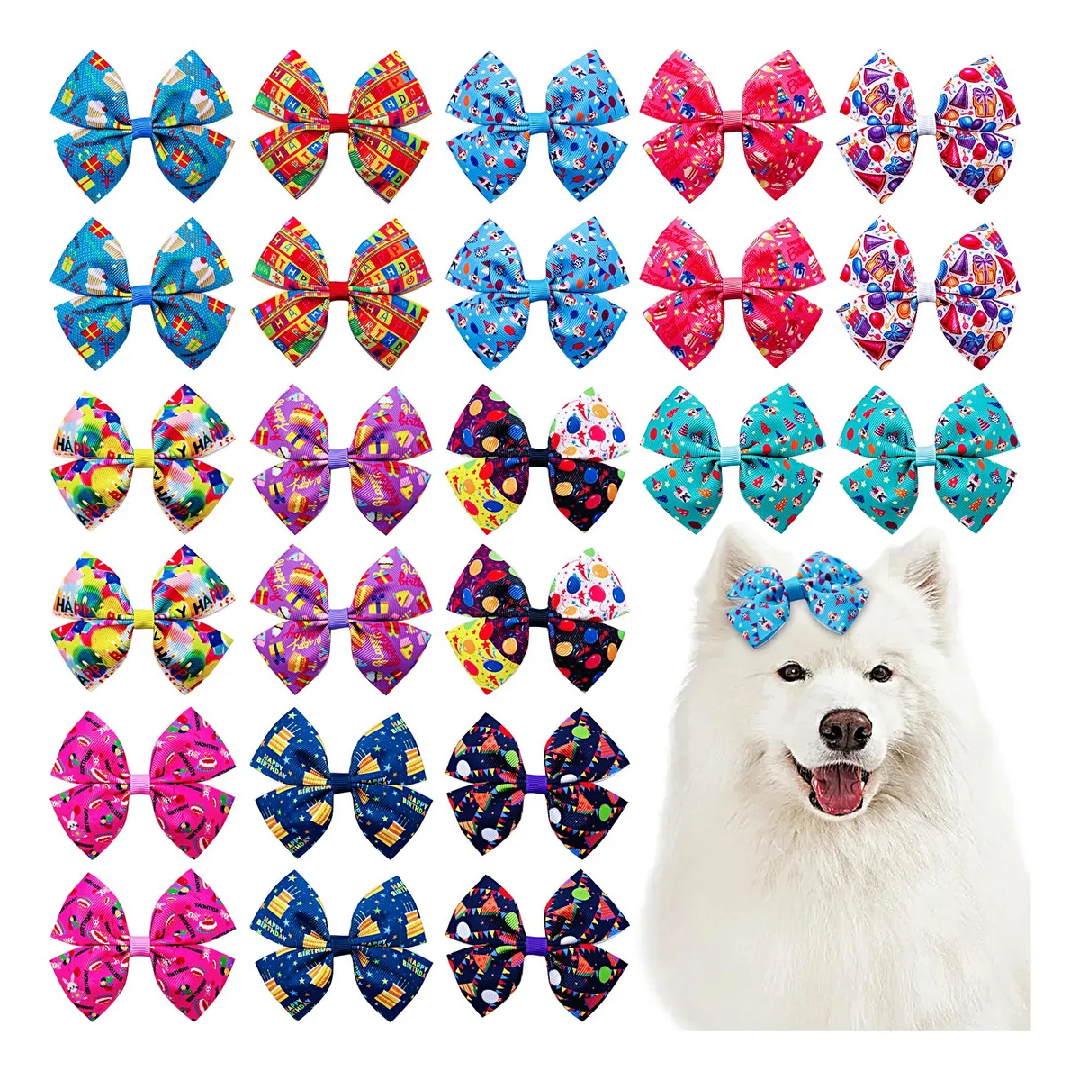 24 Lazos para Pelo de Perro de Cumpleaños, Accesorios para Mascotas, Diseño Variado, Colores Vivos para Celebraciones Caninas