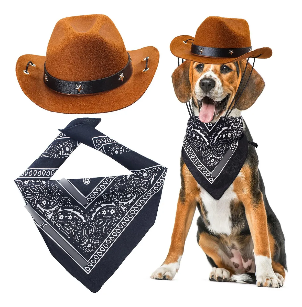 Accesorios Disfraz Vaquero para Mascotas Perro Gato: Gorro Café Estilo Western + Bandana Negra Elegante. Ideal para Fiestas y Sesiones de Fotos Divertidas. Complemento Único para Tu Peludo.