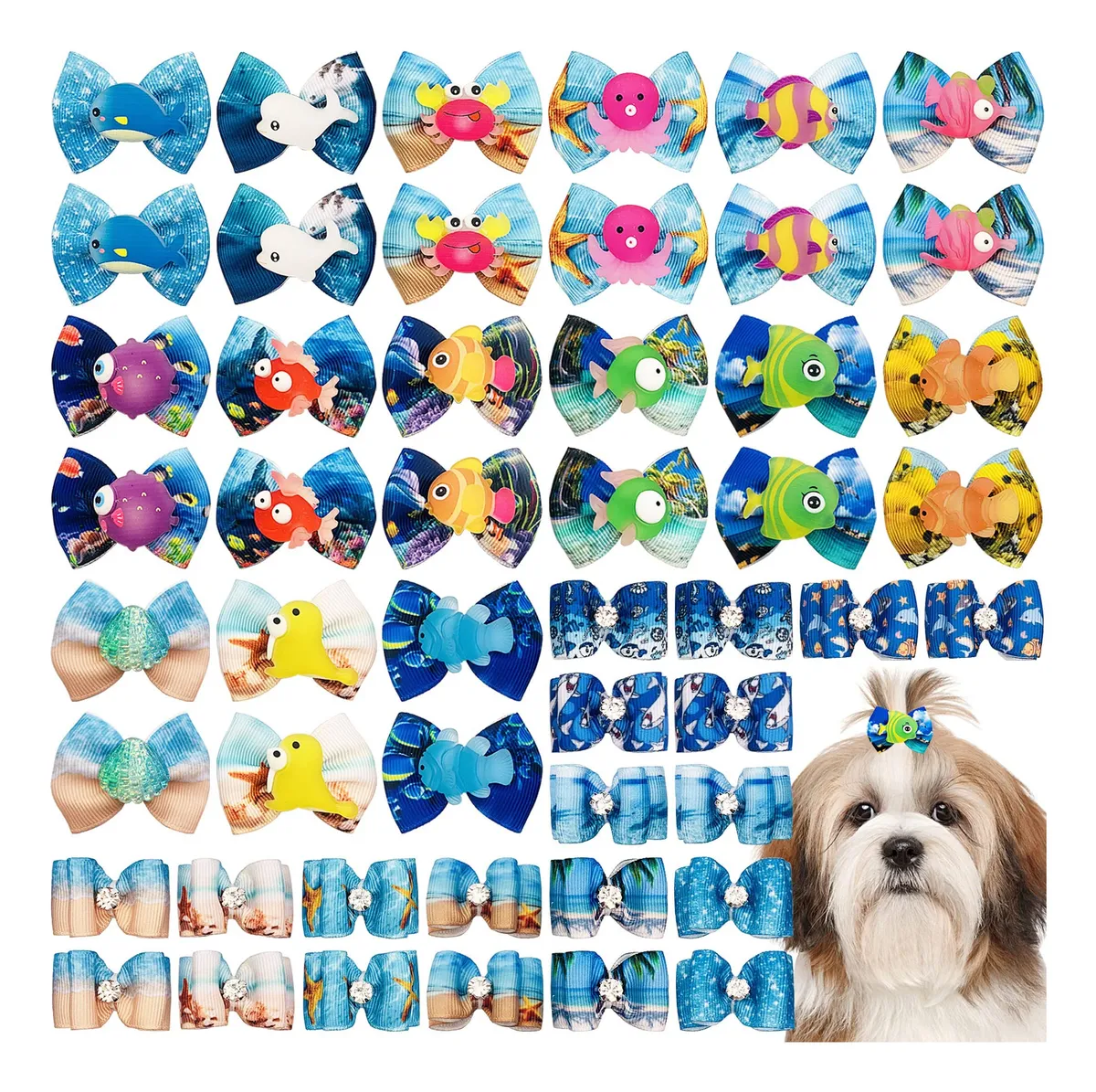 50 Lazos para Pelo de Perro Diseño Animales Marinos | Accesorios de Peluquería Canina, Variedad de Colores y Diseños Únicos