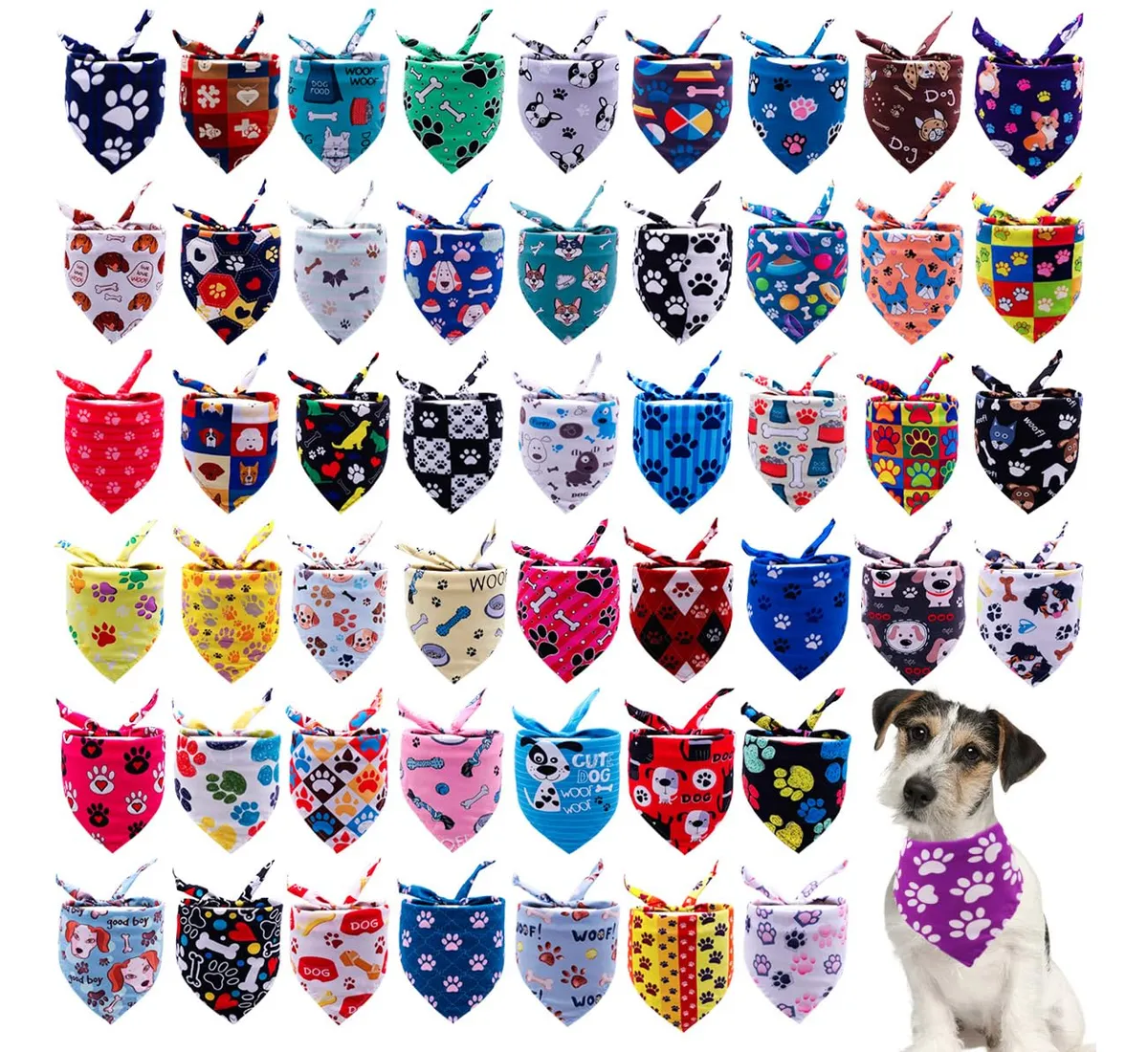 100 Pañuelos para Perros Pequeños y Gatos - Accesorios Verano Estampado Patitas Polyester Transpirable y Ligero para Mascotas