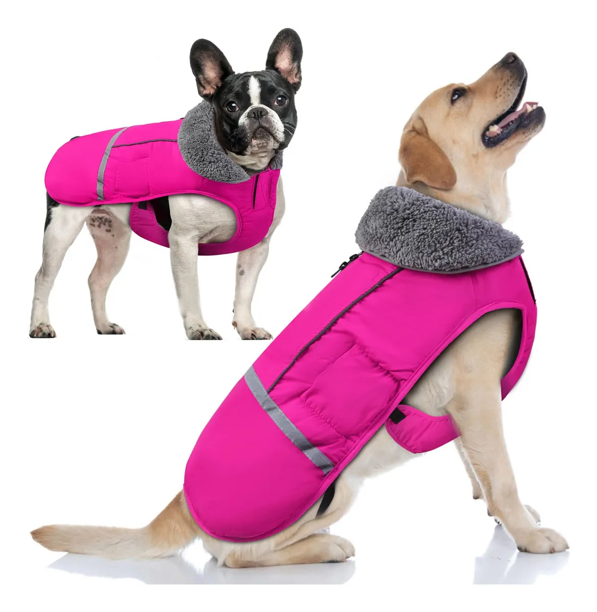 Abrigo de Invierno para Perro Cálido Cuello Peludo Reflectante - Ropa de Moda para Mascotas - Ideal para Climas Fríos - Estilo Moderno Rosado