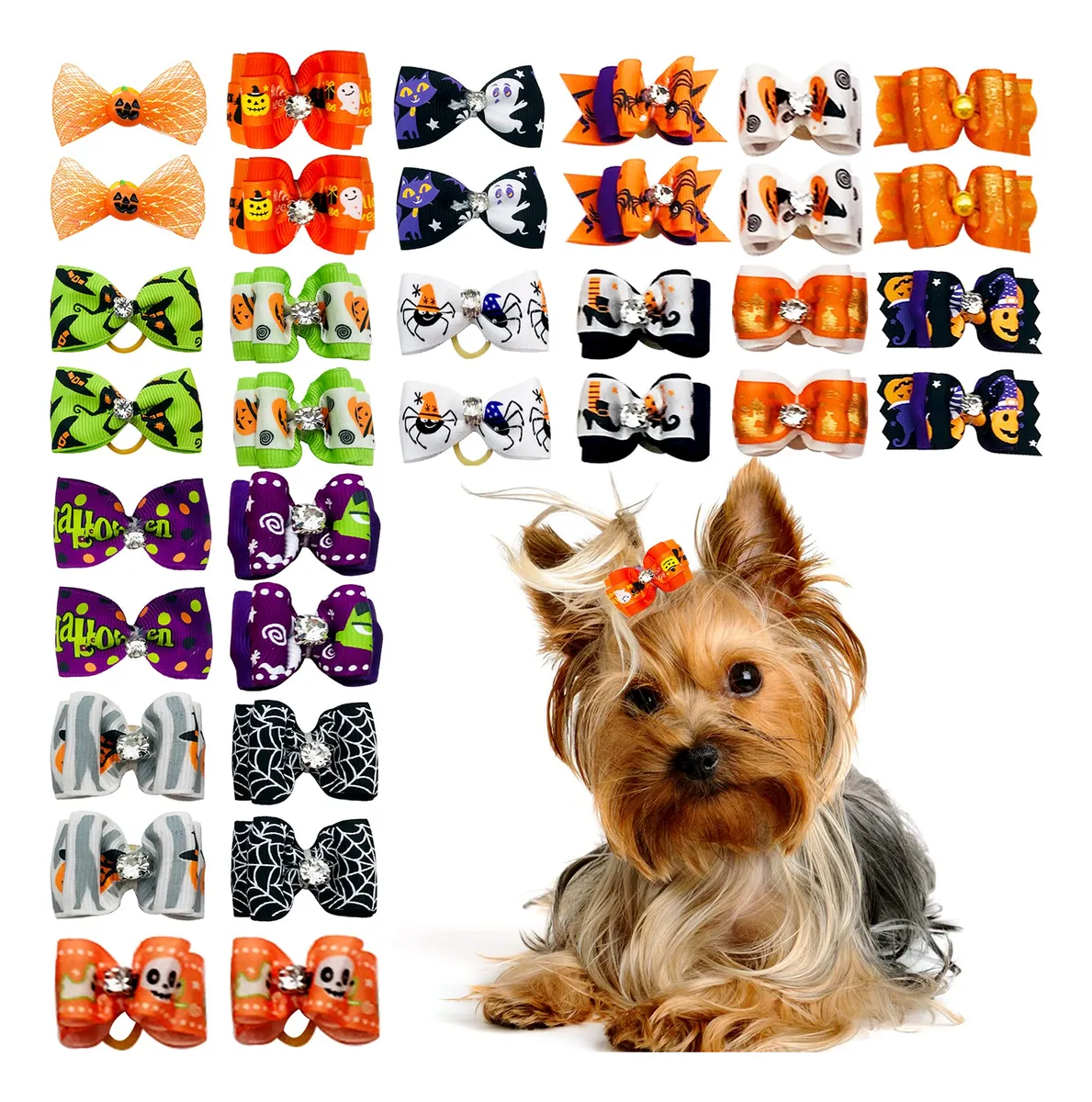 50 Lazos y Bandas Elásticas para Pelo de Perro: Diseños de Halloween para Mascotas | Accesorios Festivos Caninos