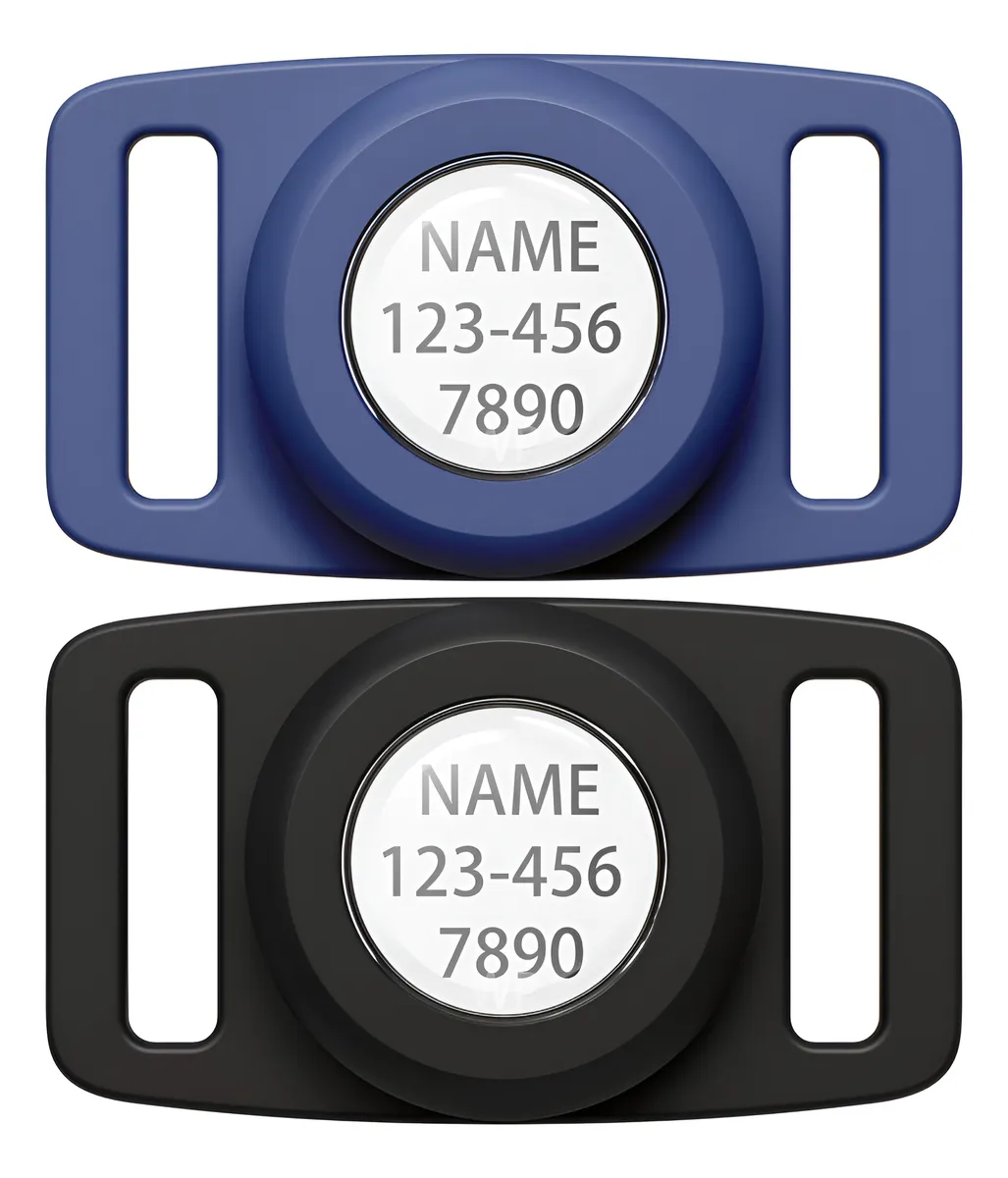 2x Soporte Impermeable para Collar de Perro - Etiqueta Personalizable, Diseño de Nombre Elegante, Color Negro y Azul Medianoche, Tamaño Mediano