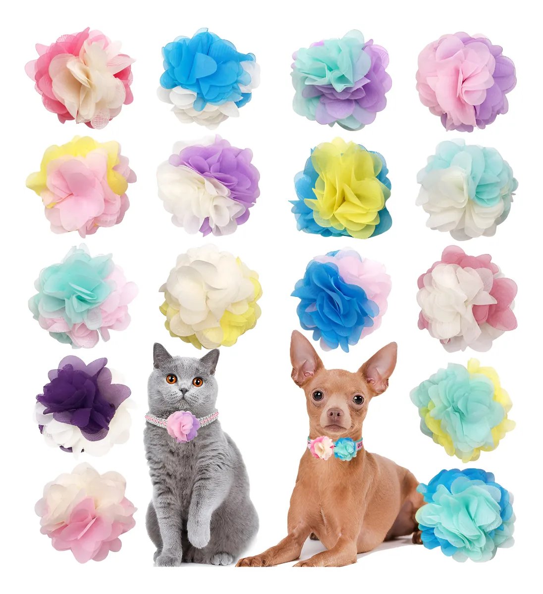16 Colgantes Multicolor para Collar de Perro y Gato: Flores y Lazos Decorativos, Tamaño 2.4" - Adornos Personalizables para Mascotas
