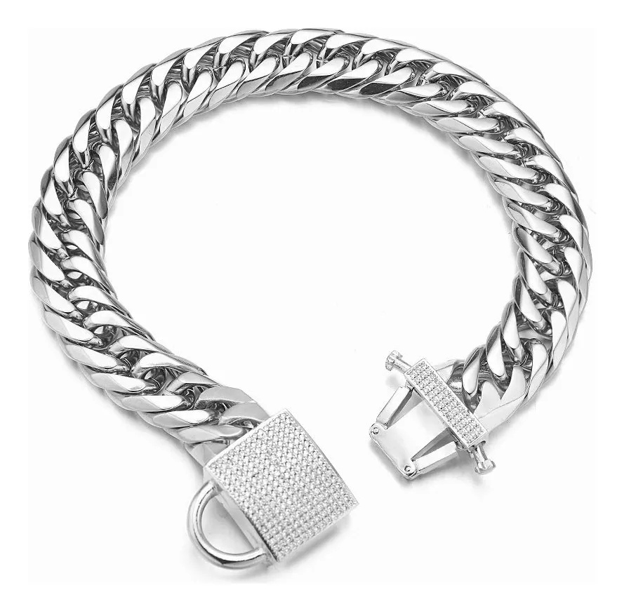 Collar Cadena Doble Eslabón Cubano para Perro | Acero Inoxidable Resistente Plateado | Estilo Elegante y Duradero para tu Mascota