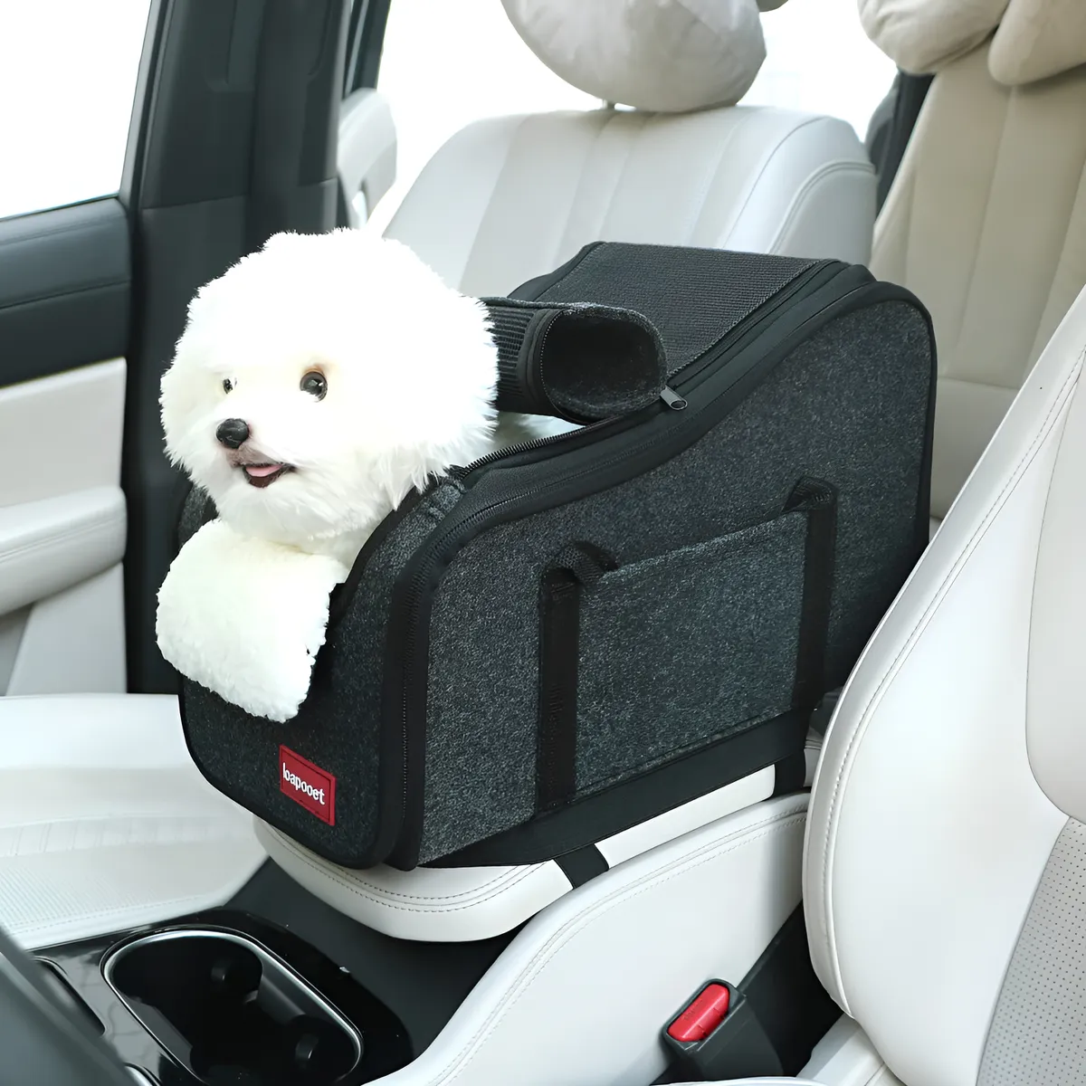 Asiento de Coche Desmontable para Perros y Gatos, Consola Central Universal, Mayor Seguridad y Comodidad en Viajes, Diseño Blanco Elegante