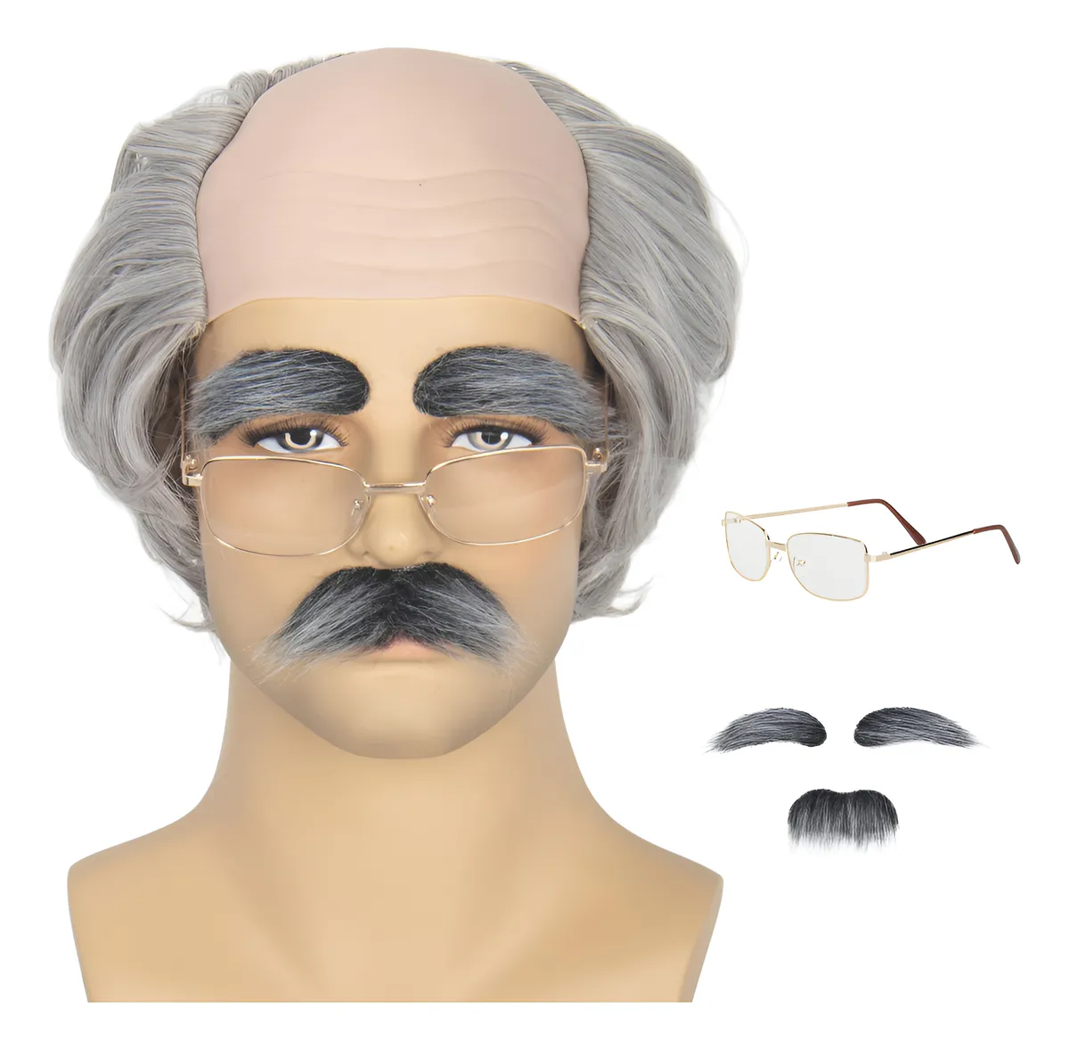 Peluca de Anciano Gris con Bigote y Gorra Calva Integrada - Pelo Corto y Estilo Realista para Disfraces, Teatro y Fiestas Temáticas