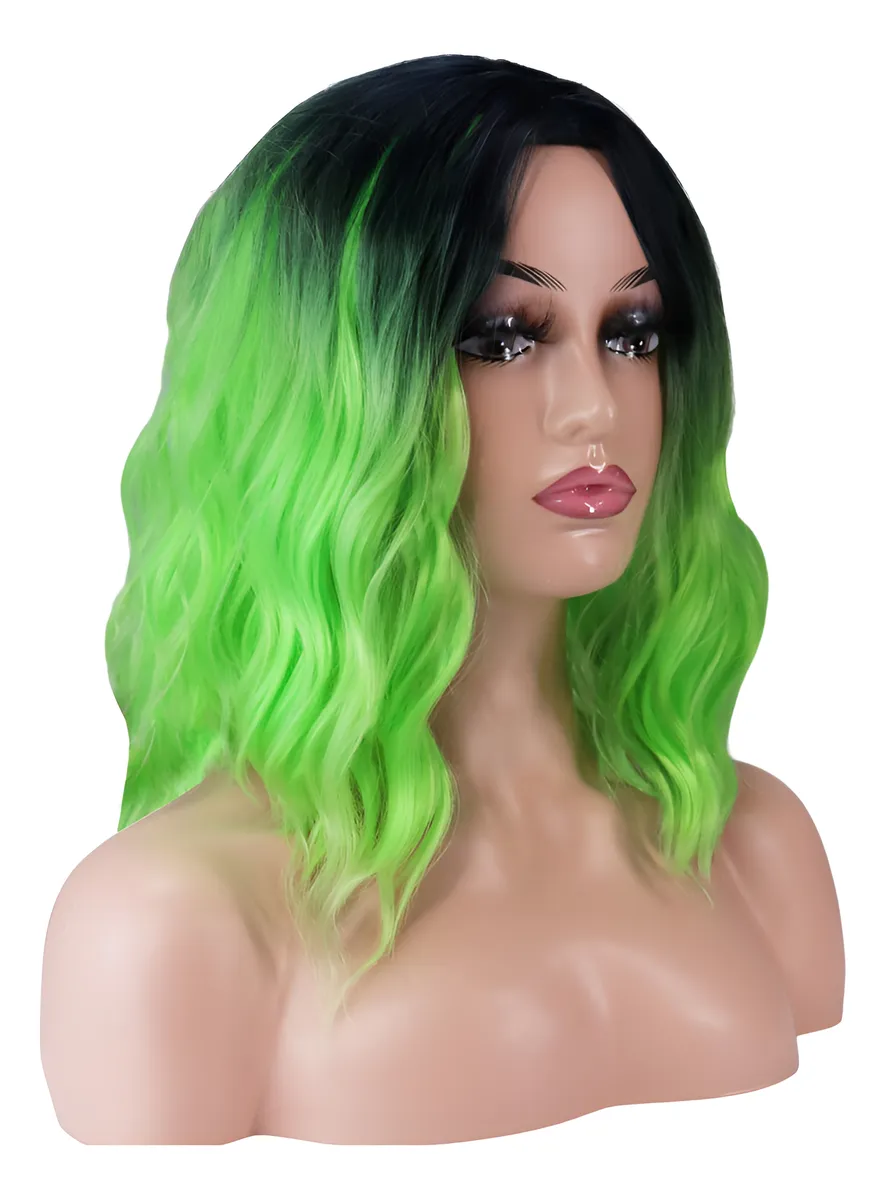 Peluca Corta Rizada Ombré Verde Oscuro a Claro para Cosplay, Halloween, Disfraces y Eventos Especiales | Fibra Sintética de Alta Calidad Resistente al Calor