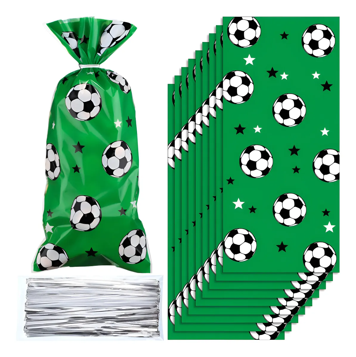Bolsas de Regalo de Fútbol de Celofán Sellables Verdes con Lazos de Colores Perfectas para Fiestas Deportivas, Presentaciones y Cumpleaños Temáticos