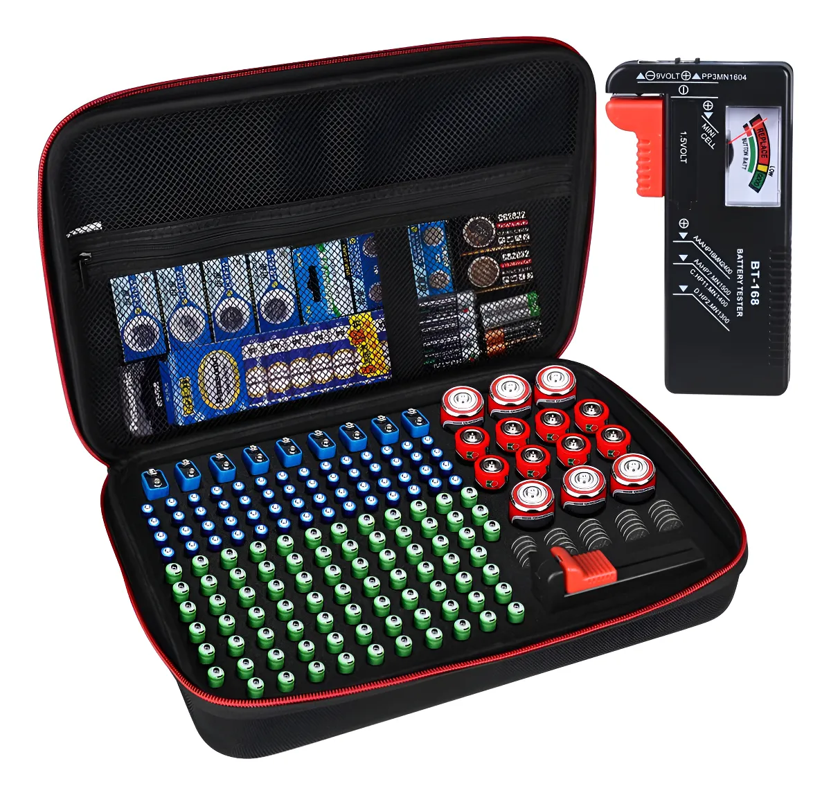 Caja Organizadora de Baterías con Probador Integrado | Almacenamiento Seguro y Control de Energía para Pilas AA, AAA y Más | Mantén tus Pilas Organizadas y Funcionales