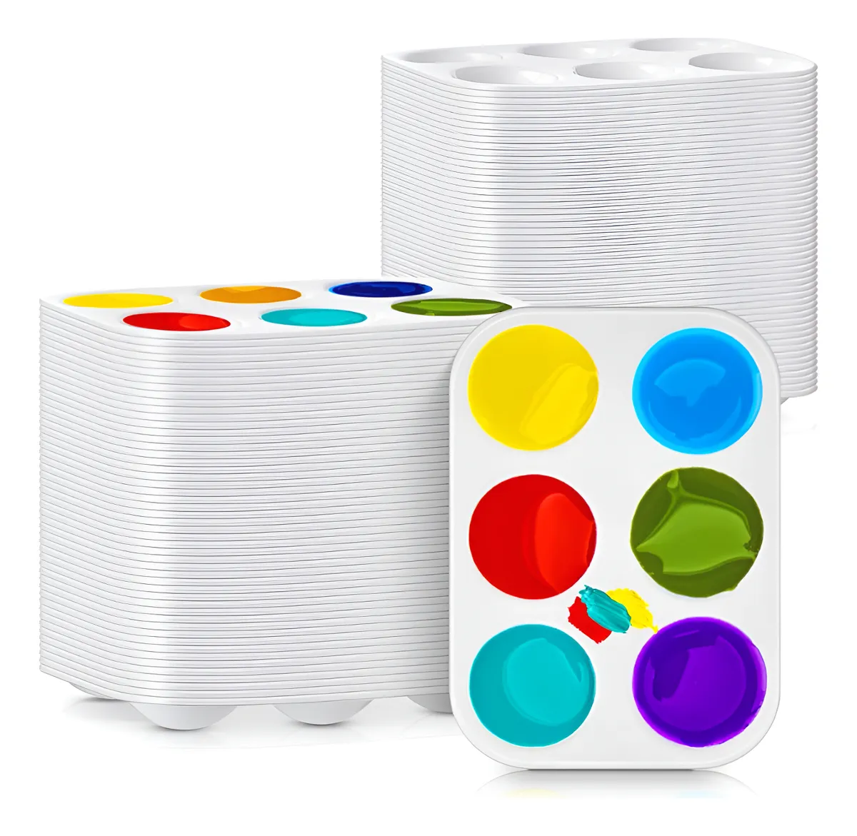100 Paletas de Pintura Plásticas Blancas con 6 Pozos - Set Profesional para Acuarela, Acrílico y Témpera - Bandejas Mezcladoras Ideales para Artistas y Niños