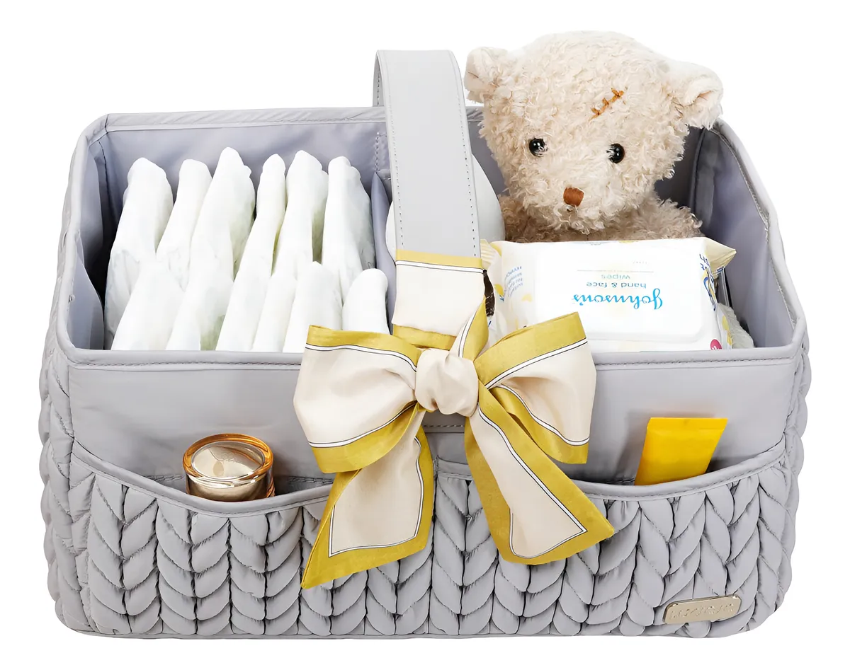Canasta Organizadora de Pañales para Bebé, Cesta de Almacenamiento Portátil de Viaje en Gris Claro - Solución Práctica para el Cuidado del Bebé