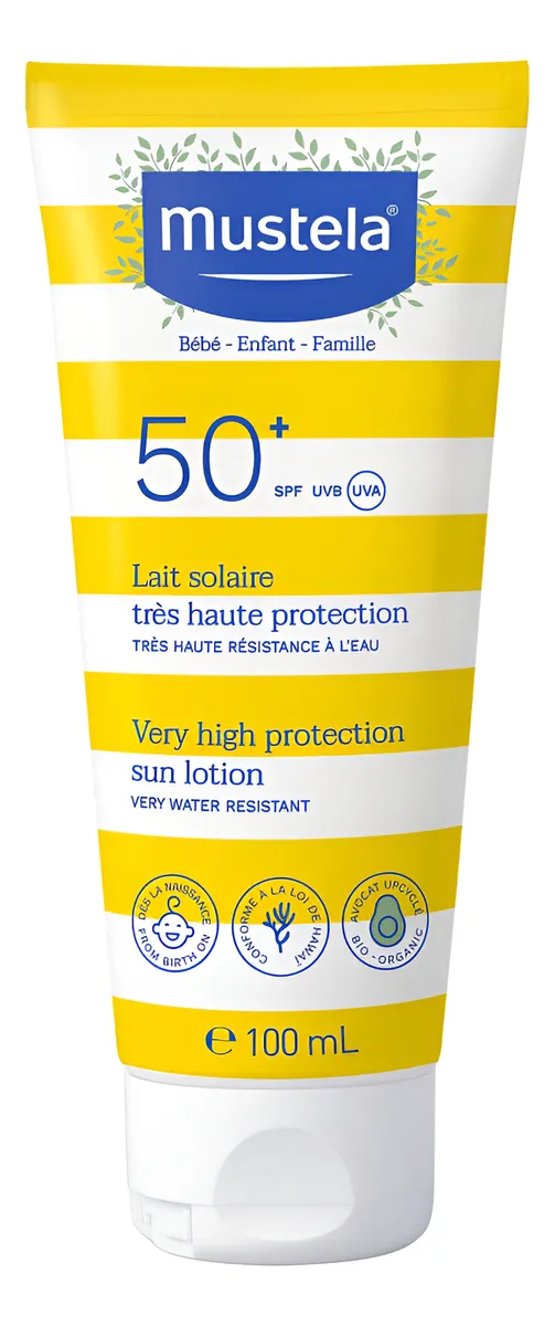 Mustela Loción Solar Alta Protección FPS 50 Bebé y Niño - Rostro y Cuerpo - Fórmula Segura y Resistente al Agua - 100ml