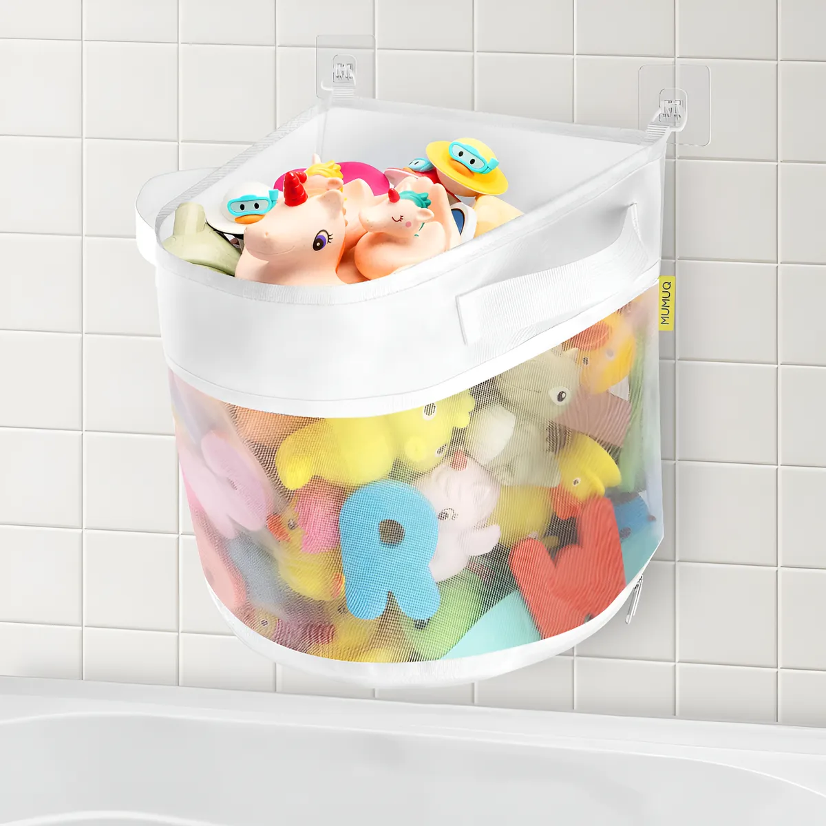 Almacenamiento de Juguetes de Baño con Cierre Inferior Blanco - Organización Práctica para Niños - Mantén tus Juguetes Secos y Ordenados en la Tina - Diseño Funcional y Seguro