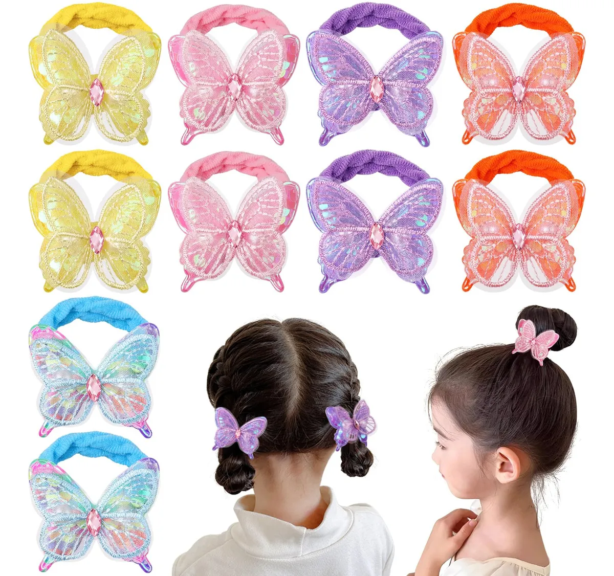 Accesorios para Cabello con Mariposas Multicolor para Niñas - Diadema, Clips y Gomas Elásticas - Decoración Brillante y Divertida para Peinados Infantiles