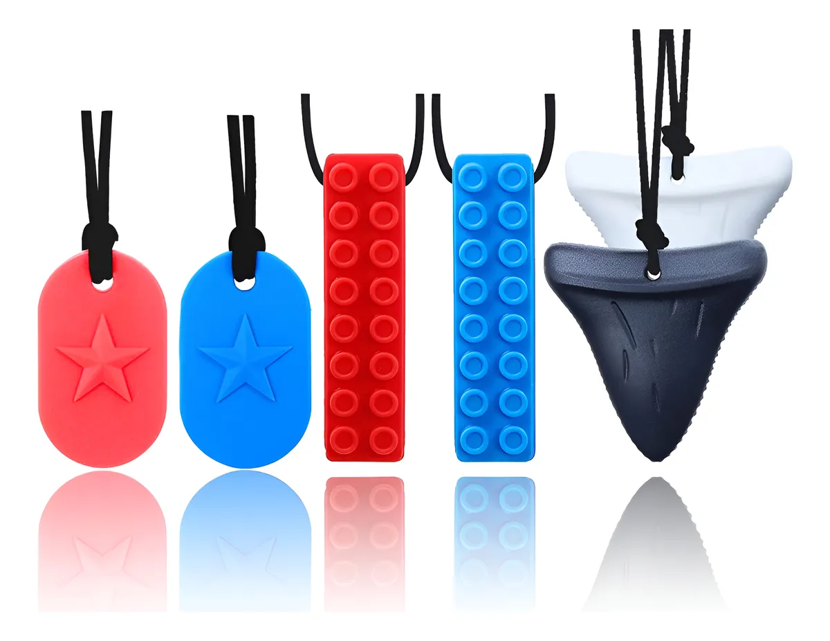 Juego de 6 Collares Sensoriales para Masticar en Silicona de Grado Alimenticio - Alivio Táctil para Ansiedad, Estrés y Dientes - Diseño Ergonómico y Seguro