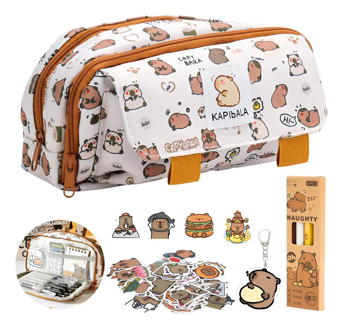 Estuche Escolar Capybara Multifuncional con Bolígrafos, Pegatinas y Colgantes | Organizador Divertido para Estudiantes y Niños
