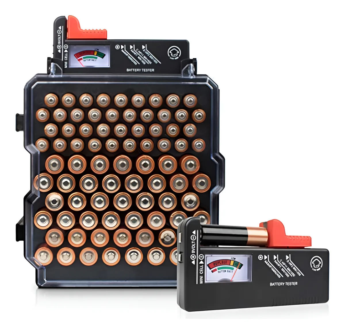 Comprobador de Batería Profesional con Organizador Incluido - Diagnóstico Preciso y Almacenamiento Seguro de Baterías - Herramienta Esencial para Automóviles y Electrónica