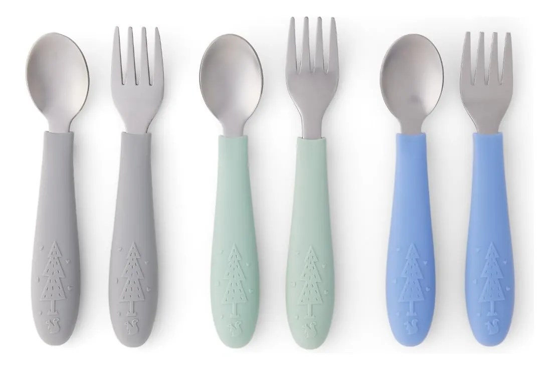 Cubiertos Infantiles Acero Inoxidable con Mango Suave de Silicona para Niños - Ideal para Aprender a Comer - Set Elegante en Colores Salvia, Misty Blue y Gris