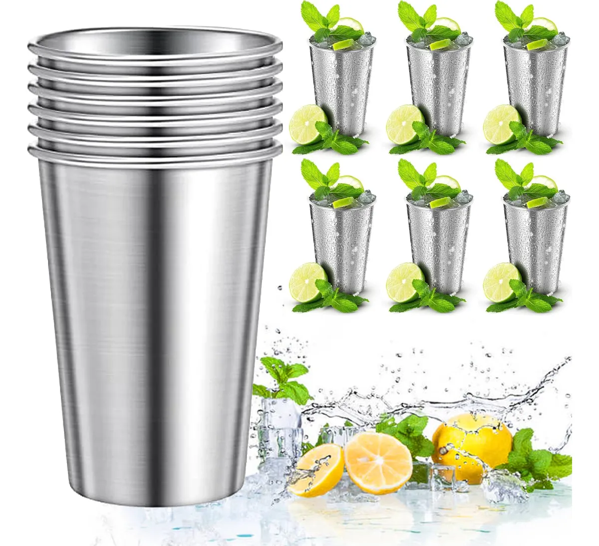 Juego 6 Vasos Acero Inoxidable Apilables Ecológicos Plateado | Duradero, Reutilizable, Portátil | Ideal Camping, Picnic, Hogar | Acabado Pulido Profesional