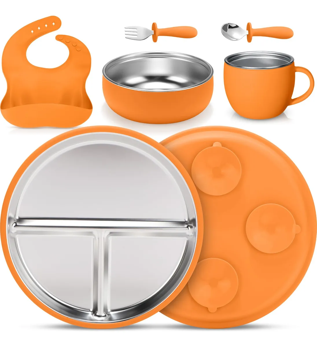Juego 6 Platos y Cuencos Acero Inoxidable Niños Naranja Resistentes y Seguros | Vajilla Infantil Duradera para Comidas Divertidas