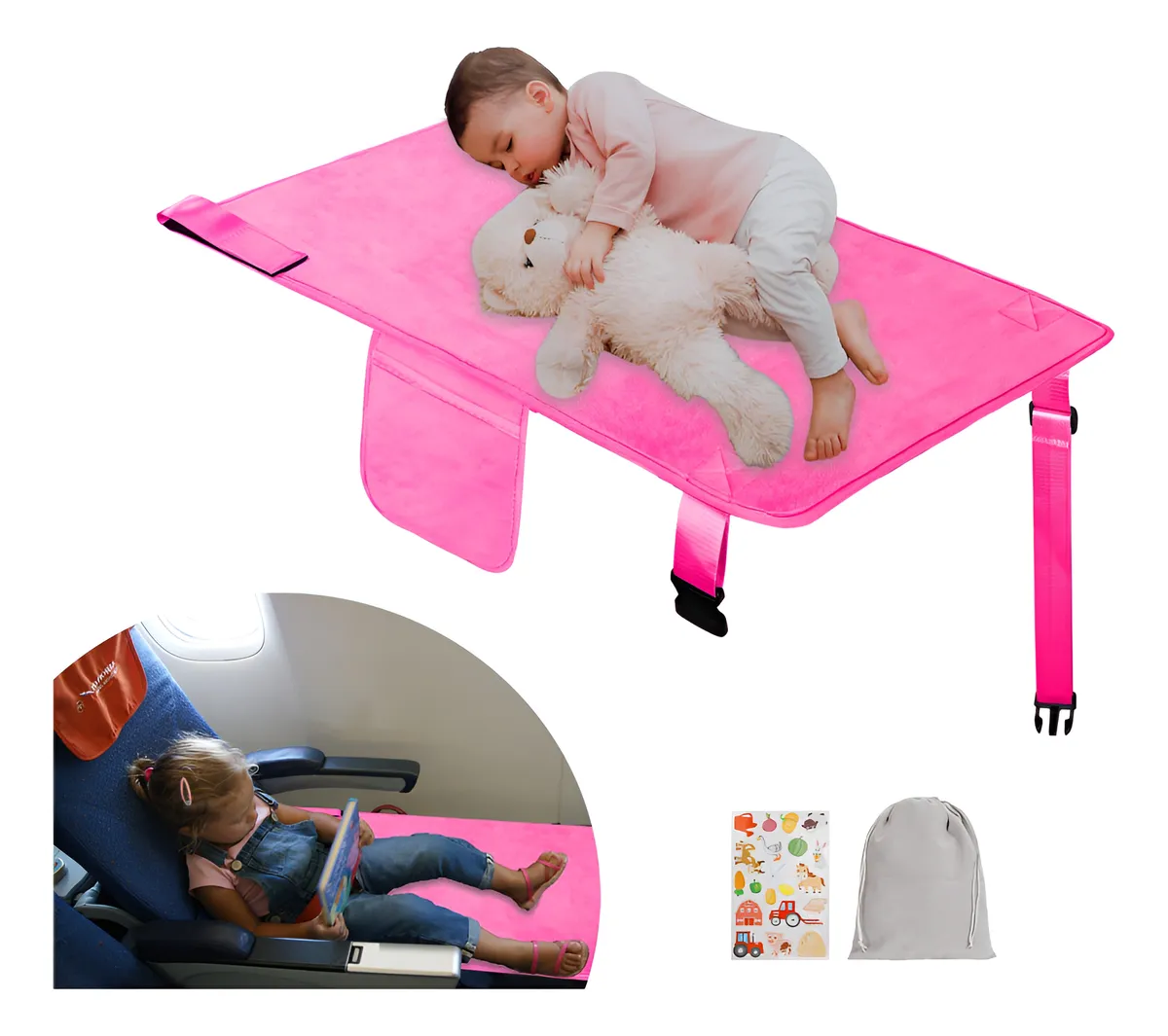 Cama Extensor Asiento Avión Niños Pequeños Rosa - Accesorio Viaje Cómodo y Seguro para Vuelos Largos | Portátil y Ligero