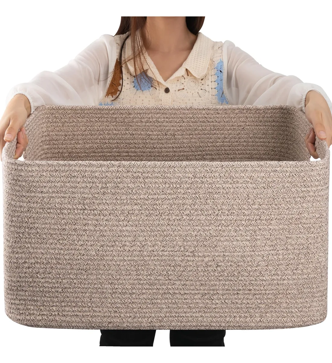 Cesta Grande de Almacenamiento Tejida con Asa de Algodón Marrón: Solución Elegante y Resistente para Organización del Hogar | Diseño Natural