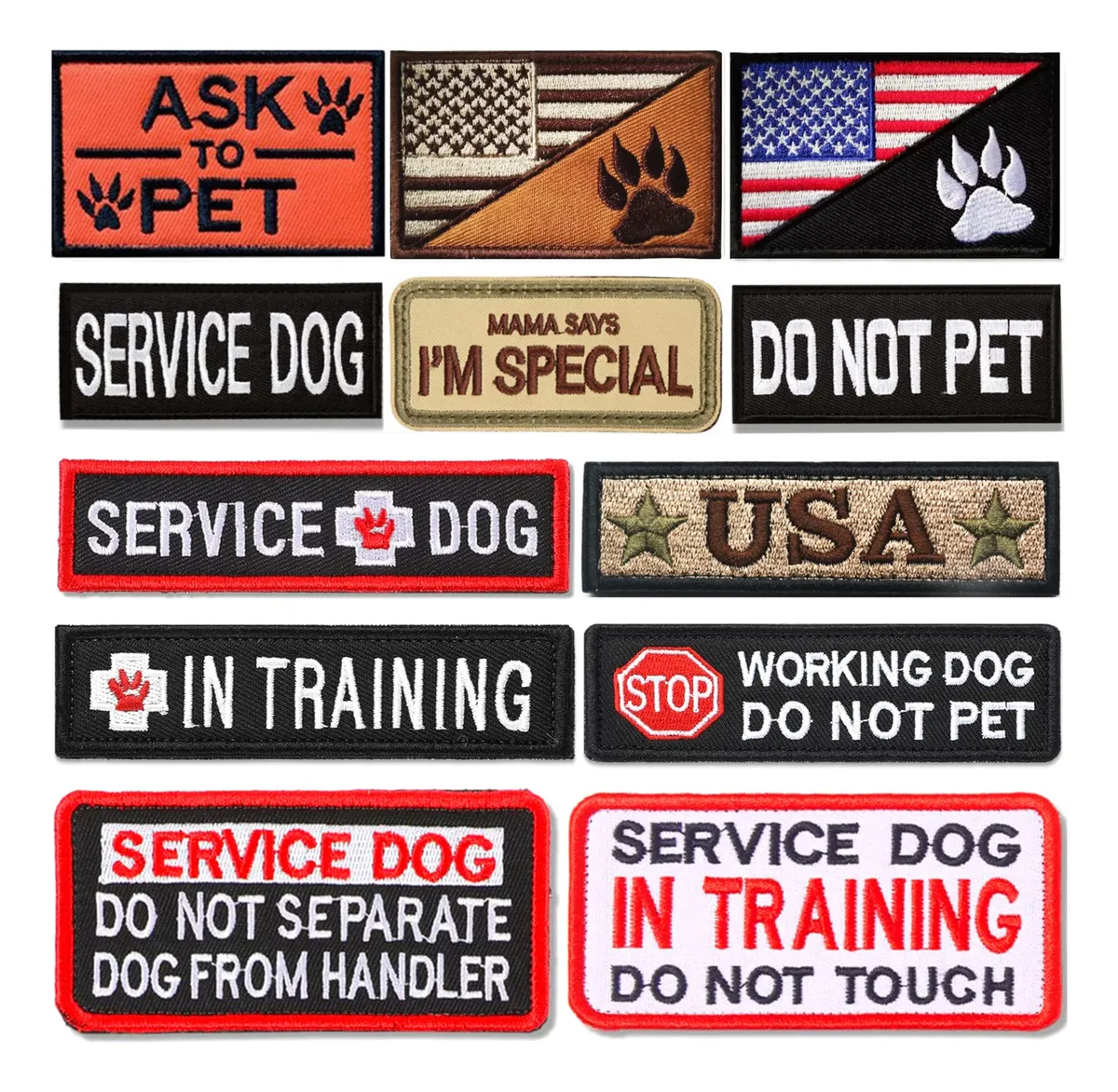 12x Parches Tácticos Desmontables para Arnés de Perro - Estilo Delicado Diseño Tela Personalizable - Identificación y Comunicación para tu Mascota