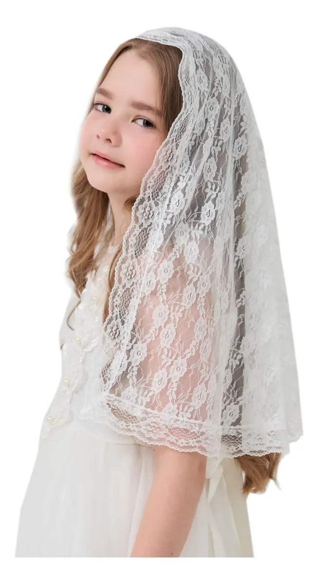 Velo Encaje Floral Niña Bautizo y Primera Comunión Elegante - Accesorios Ceremonia Infantil - Blanco Perla