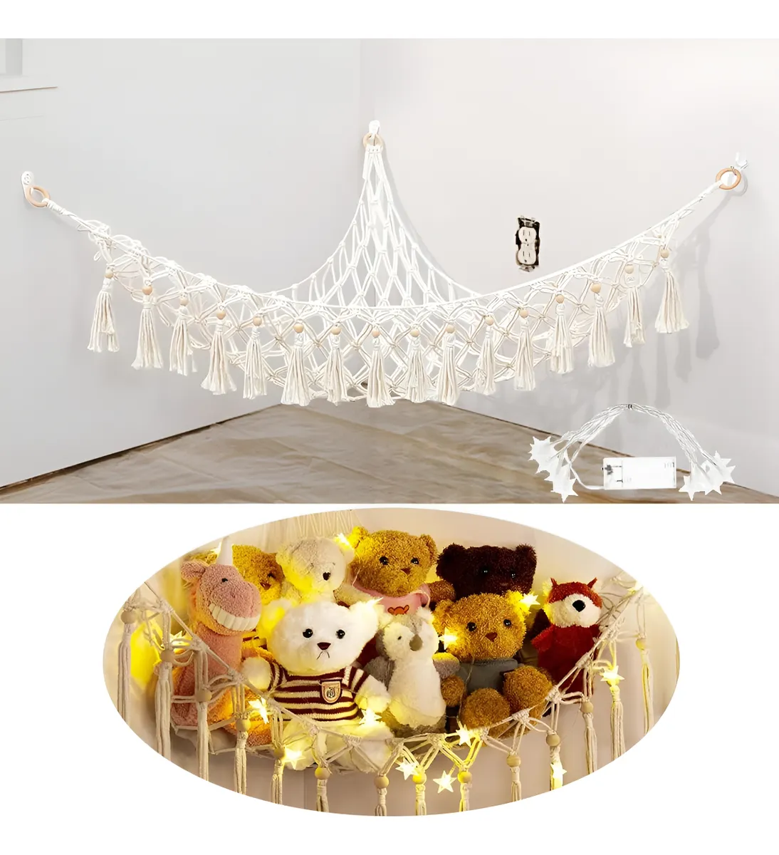 Almacenamiento Hamaca para Juguetes y Peluches Colgante Beige | Solución Ordenada y Decorativa para Niños