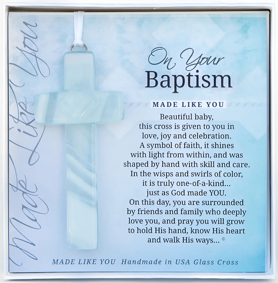 Cruz de Vidrio Aqua Hecha a Mano para Bautizo de Bebé - Decoración Sagrada y Recuerdo Especial | Artesanía Única