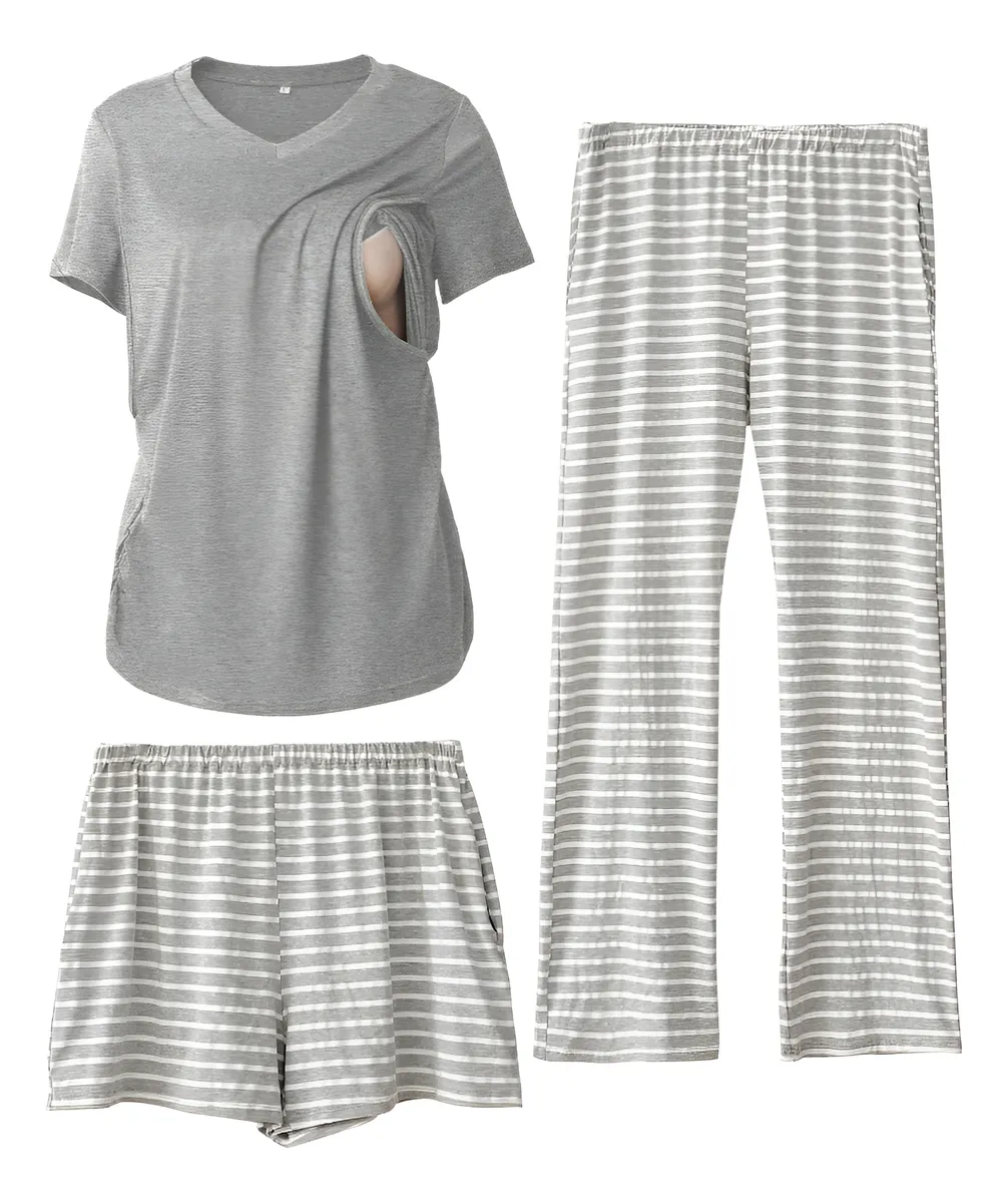 Conjunto Pijama Lactancia 3 Piezas Mujer Cuello V Rayas Suave Cómodo para Maternidad Dormir Postparto