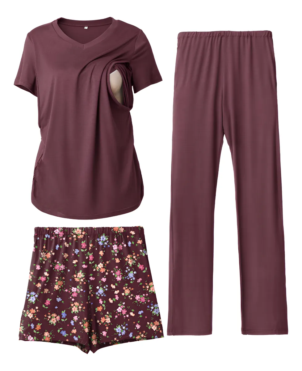 Conjunto De Pijama De Lactancia 3 Piezas Para Mujer Color Floral