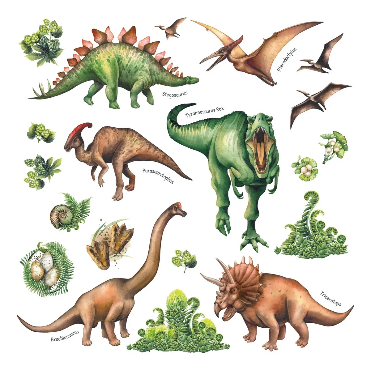 Adhesivo Decorativo para Pared Diseño Dinosaurios Acuarela - Vinilo Premium Autoadhesivo para Habitaciones Infantiles y Juveniles - Fácil Aplicación