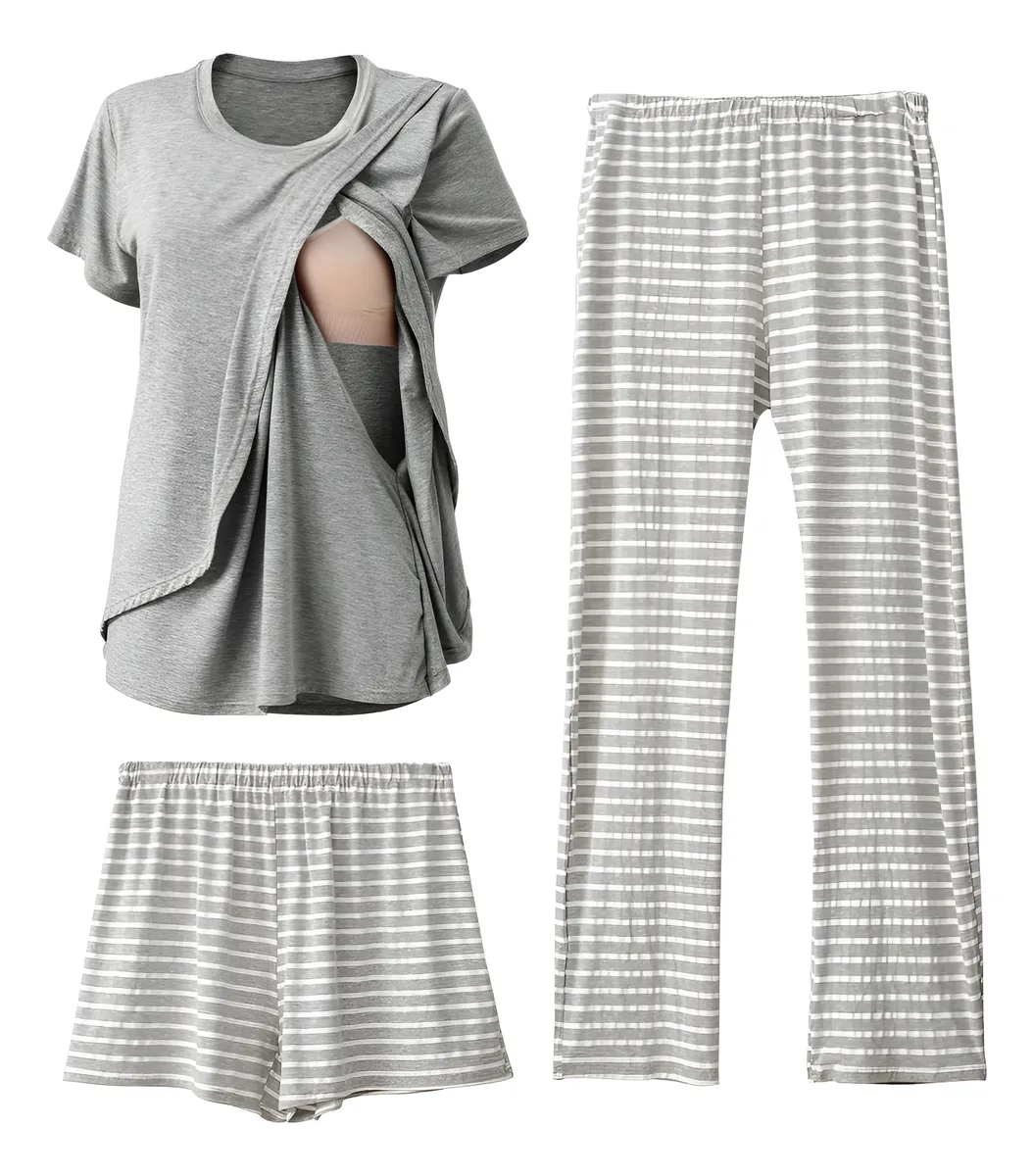 Conjunto 3 Piezas Pijama Lactancia Suave Posparto Maternidad Transpirable Cómodo Ideal para Dormir y Amamantar