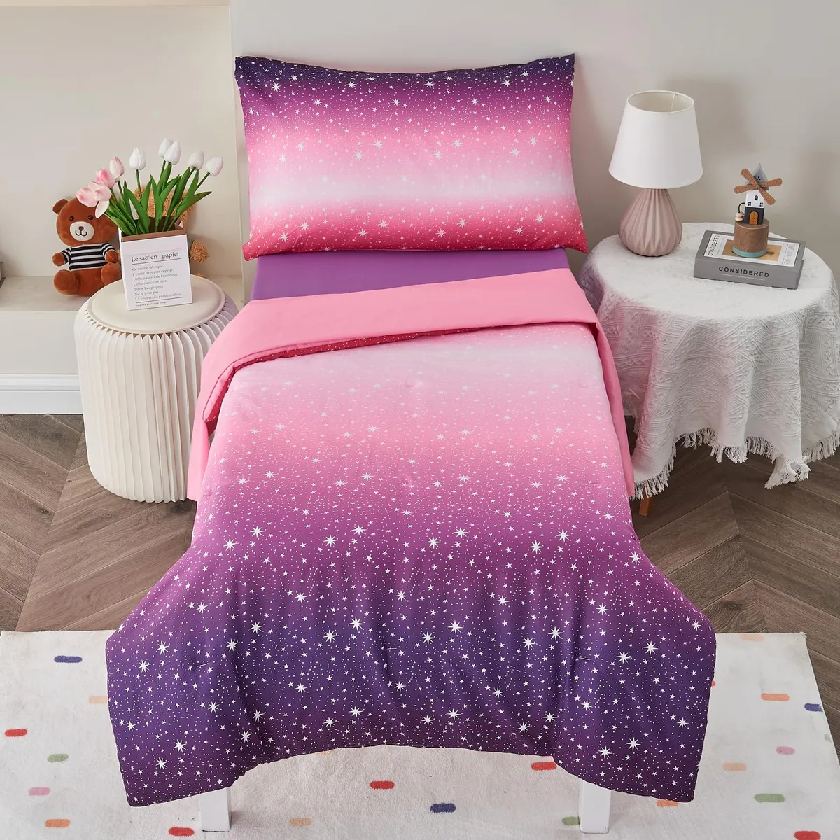 Juego de Ropa de Cama de 4 Piezas para Niñas con Purpurina y Estrellas Brillantes - Transforma la Habitación Infantil con Diseño Mágico y Estilo Encantador