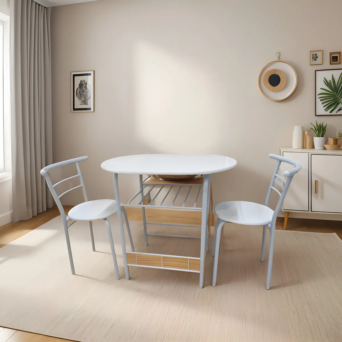 Comedor Mrk Home 3 Piezas Semicircular: Mesa Metal Blanco Espacios Reducidos con Estante Integrado | Ideal para Cocina y Comedor Pequeño