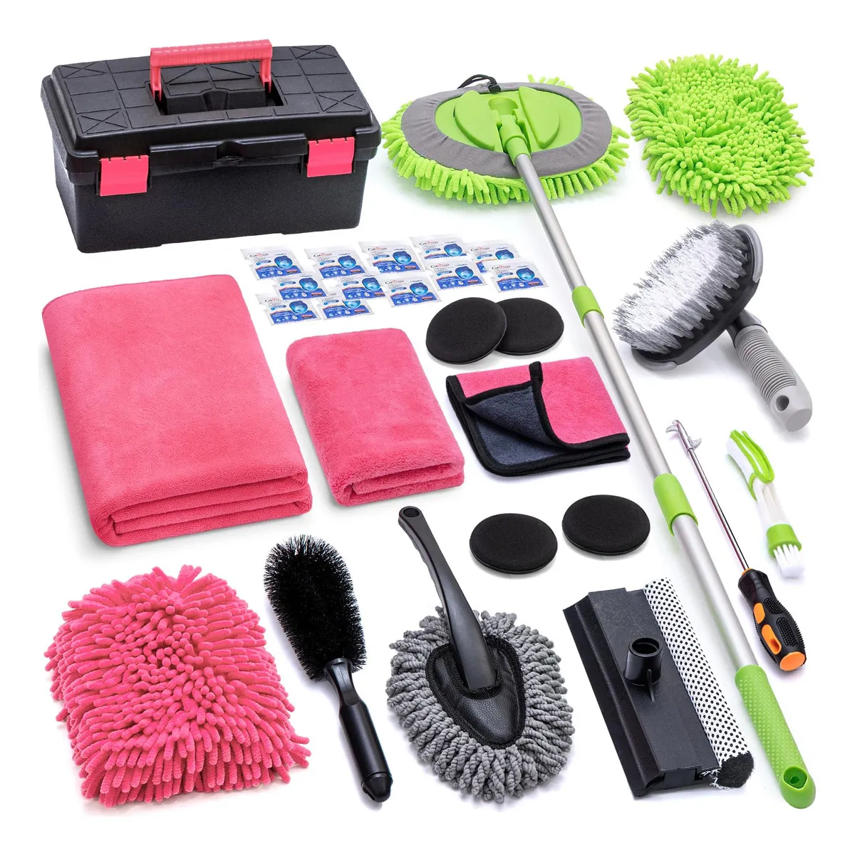 Kit Limpieza Automotriz 28 Piezas Yjusmak Rosa con Mopa y Cepillo Largo - Todo Incluido para Detallado Profesional de Vehículos - Accesorios Esenciales para Coche y Moto